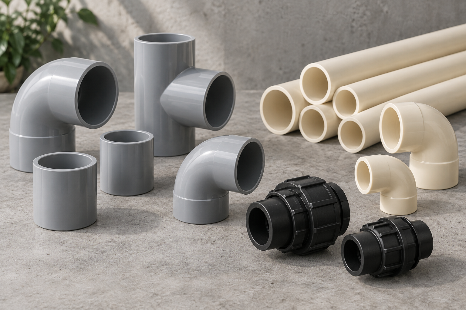 Illustration of PVC fittings, CPVC pipe and HDPE couplings
