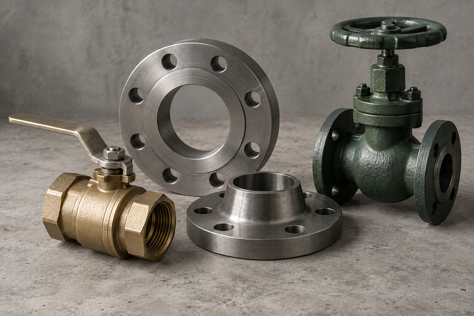 Illustration of industrial valves and metal flanges